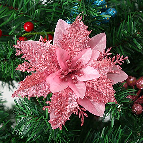 SYSUII 20 Stück Weihnachten Glitzer Weihnachtsstern Blumen 14cm Künstliche Poinsettia Blumen Weihnachtsdekoration Christbaumschmuck Blumen für Weihnachtskranz Weihnachtsbaum Ornaments -Rosa von SYSUII