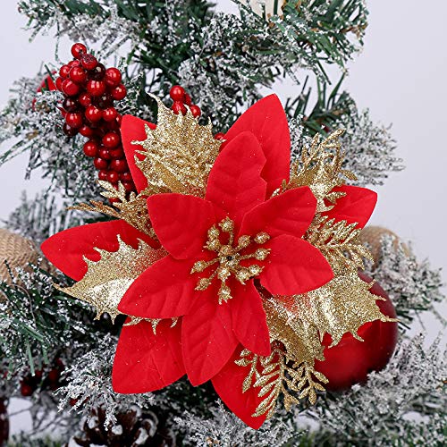 SYSUII 20 Stück Weihnachten Glitzer Weihnachtsstern Blumen 14cm Künstliche Poinsettia Blumen Weihnachtsdekoration Christbaumschmuck Blumen für Weihnachtskranz Weihnachtsbaum Ornaments -Rot Gold von SYSUII
