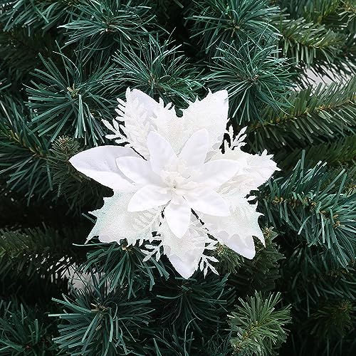 SYSUII 20 Stück Weihnachten Glitzer Weihnachtsstern Blumen 14cm Künstliche Poinsettia Blumen Weihnachtsdekoration Christbaumschmuck Blumen für Weihnachtskranz Weihnachtsbaum Ornaments -Weiß von SYSUII