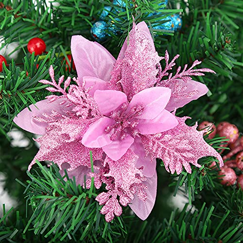 SYSUII 20 Stück Weihnachten Glitzer Weihnachtsstern Blumen 14cm Künstliche Poinsettia Blumen Weihnachtsdekoration Christbaumschmuck Blumen für Weihnachtskranz Weihnachtsbaum Ornaments -helles Lila von SYSUII