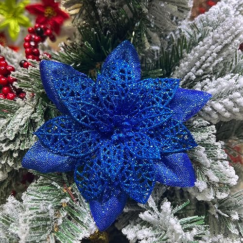 SYSUII 20 Stück Weihnachtsdekoration Blumen, 12cm Weihnachten Glitzer Weihnachtsstern Blumen Kunstblumen Poinsettia Christbaumschmuck für Kranz Weihnachtskranz Geschenkverpackung -Dunkelblau von SYSUII