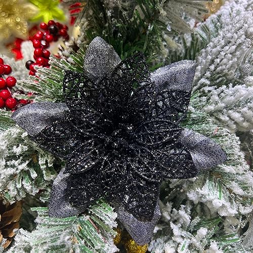 SYSUII 20 Stück Weihnachtsdekoration Blumen, 12cm Weihnachten Glitzer Weihnachtsstern Blumen Kunstblumen Poinsettia Christbaumschmuck für Kranz Weihnachtskranz Geschenkverpackung -Schwarz von SYSUII