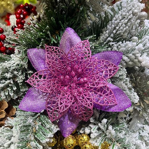 SYSUII 20 Stück Weihnachtsdekoration Blumen, 12cm Weihnachten Glitzer Weihnachtsstern Blumen Kunstblumen Poinsettia Christbaumschmuck für Kranz Weihnachtskranz Geschenkverpackung -lila von SYSUII