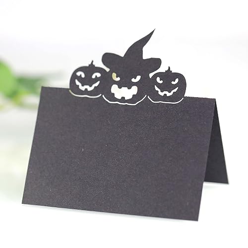 SYSUII 50 Stück Halloween Tischkarten Platzkarten Perlglanzpapier Blanko Sitznummernkarten Namensschilder Laser Schnitt Namenskarten Hohle Sitzkarten für Hochzeiten, Partys, Bankette-Schwarz von SYSUII