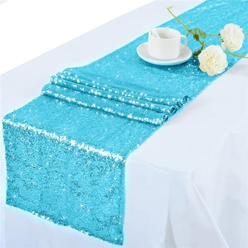 SYSUII Pailletten Tischläufer Blau-2 Stück 30 * 182cm Glitzer Tischdecke Tischband Tischläufer Weihnachten Party Hochzeit Tischdekoration für Geburtstag Baby Duschen Silvester Erntedankfest Bankett von SYSUII