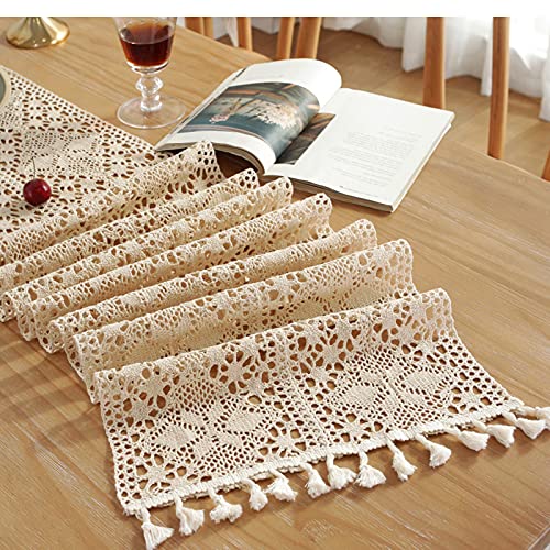 SYSUII Tischläufer Makramee für Hochzeit, 30 * 140CM Quasten Tischläufer Vintage Beige Elegante Hohle Mesh Tischdecke Häkelspitze Boho Tischdecke Tischband für Küche Vintage Bauernhaus Tabletop Dekor von SYSUII