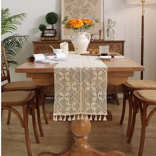 SYSUII Tischläufer Makramee für Hochzeit, 30 * 140CM Quasten Tischläufer Vintage Beige Elegante Hohle Mesh Tischdecke Häkelspitze Boho Tischdecke Tischband für Küche Vintage Bauernhaus Tabletop Dekor von SYSUII