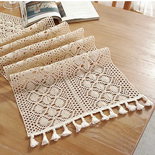 SYSUII Tischläufer Makramee für Hochzeit, 30 * 180CM Quasten Tischläufer Vintage Beige Elegante Hohle Mesh Tischdecke Häkelspitze Boho Tischdecke Tischband für Küche Vintage Bauernhaus Tabletop Dekor von SYSUII