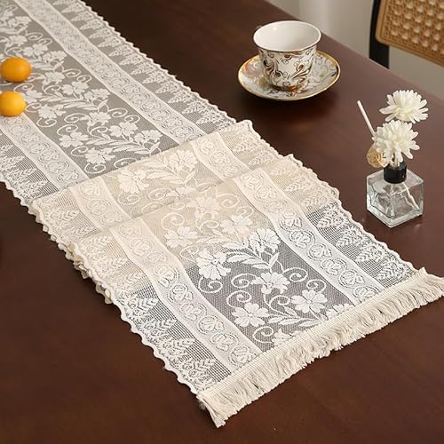 Spitzen Tischläufer,Handgefertigt Bestickter Spitze Tischläufer mit Blumen Muster Vintage Tischläufer Spitzentischdecken Rechteckige Tischdecke für Haus,Esszimmer,Hochzeit Party-Dekoration -A,30*220cm von SYSUII