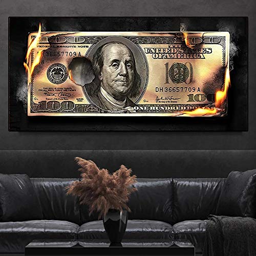 Burning Dollar Moderne Kunst auf Leinwand, inspirierende Poster und Drucke, kreatives 100-Dollar-Bild, Wohnzimmer, Wanddekoration, Malerei, 60 x 120 cm (kein Rahmen) von SYXBEIVK