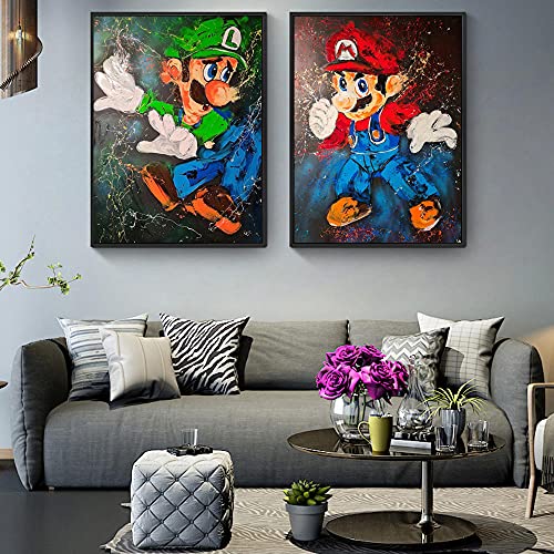 Mario Graffiti Art Leinwand Gemälde an der Wand Kunst Poster und Drucke Moderne Street Art Bilder Dekoration-35x50cmx2-Kein Rahmen von SYXBEIVK