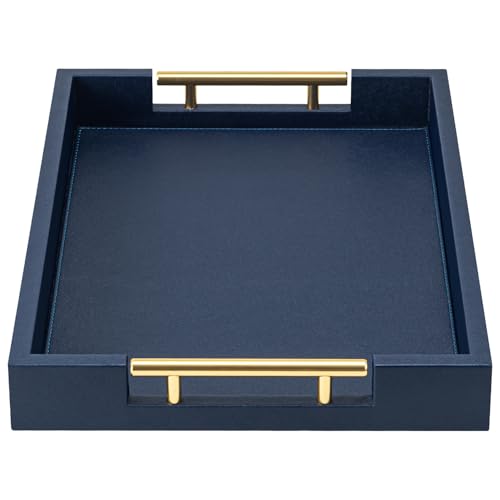 Marineblau Kunstleder Serviertablett mit Griffen - Großes Dekoratives Tablett für Couchtisch, Ottomane, Wohnzimmer, Badezimmer - Home Decor von SYYSY