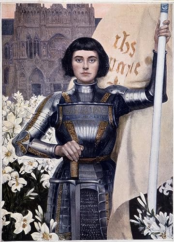 SYlale Ölgemälde Wandkunst Bilder Poster Wandkunst Porträt Von Jeanne D'arc Und Lilien Auf Dem Hintergrund Der Kathedrale Notre Dame Von Albert Lynch für Wanddekoration 60x90cm von SYlale