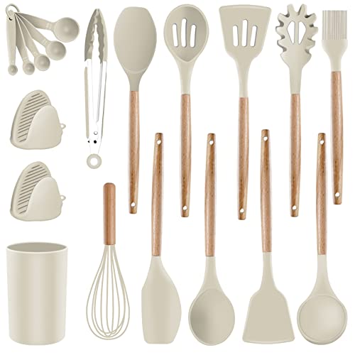 Silikon-Küchenutensilien-Set – SZBOB hitzebeständig/antihaftbeschichtet/ungiftig/BPA-frei, Silikonlöffel, Spatel, Schneebesen, Zange, Holzgriff, Küchenutensilien-Set mit Halterung (Khaki) von SZBOB