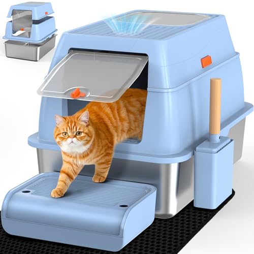 SZEETECH Katzenklo Groß XL, Edelstahl Katzentoilette mit Deckel, Stainless Steel Cat Litter Box, Geschlossen Katzen Klo Hohe Rand, Zwei Eingänge, Schaufel+Matte+Trettstufe- 60 x 40 x 39,5cm(Blau) von SZEETECH