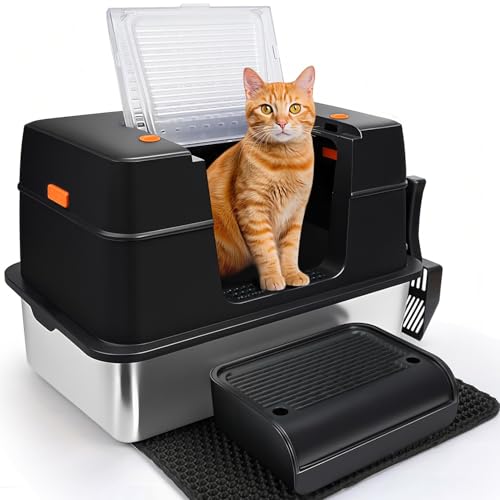 SZEETECH Geschlossene Edelstahl Katzenklo XXL, Katzentoilette mit Deckel Groß, Leicht zu Reinigen, Geruchshemmend, Zwei Modi(Geschlossen & Halboffen)- Edelstahl Katzenklo mit Deckel - Schwarz von SZEETECH