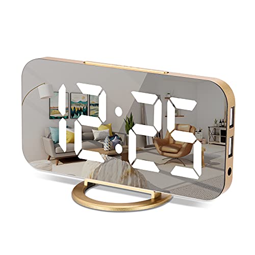 Digitaler,Wecker Am Bett,7 "LED-Spiegel-Wecker, mit 2 USB-Ladeanschlüssen,Schlummermodus,Automatische Helligkeitsanpassung,Einfach Einzurichtende Schreibtischuhr Für Die Home-Office (Gold) von SZELAM