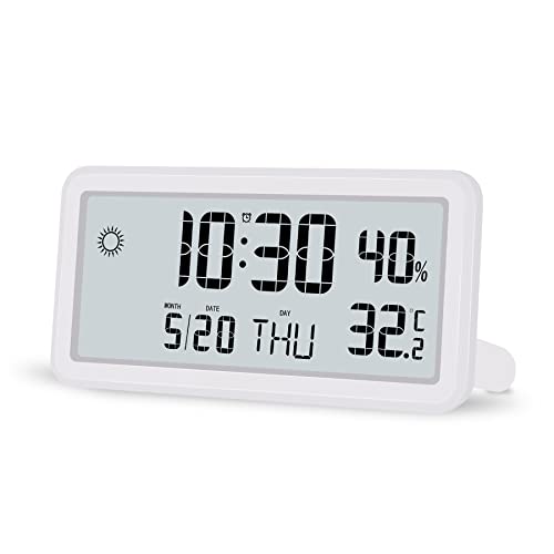 SZELAM 5,6" LCD Digital Wecker mit großem Ziffern Display, kleine Digitale Wanduhr Schlanke Tischuhr mit Wetter, Temperatur, Luftfeuchtigkeit, Schlummerfunktion für Schlafzimmer Home Office-Weiß von SZELAM