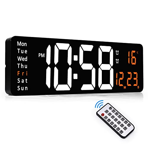 SZELAM Digitale Wanduhr groß mit Fernbedienung,Wanduhr Digital groß Temperaturanzeige/Datummit/Wecker/Automatische Helligkeit/Snooze,LED Wanduhr Schwarz Digital Uhr für wohnzimmer küche-Orange Digital von SZELAM