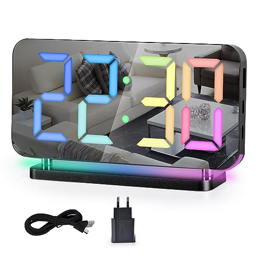 SZELAM Wecker Digital, Nachttisch,7,4" Spiegeluhr mit 10 Modi RGB-Nachtlicht,11 Farben LED Digitalanzeige,Automatische Dimmung,USB-C-Ladeanschluss,Schreibtischuhr für Schlafzimmer,Teenager von SZELAM