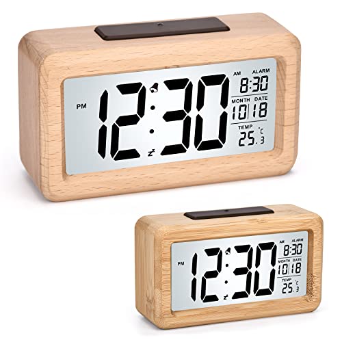 SZELAM Digitaler Wecker Holz LED Digitale Wecker Uhr, Digitalwecker Mit Lichtsteuerungssensorfunktion und Snooze, Datum, Temperatur, 12/24 Hr, Tischuhr für Schlafzimmer, Büro Wohnzimmer- Bambus Braun von SZELAM