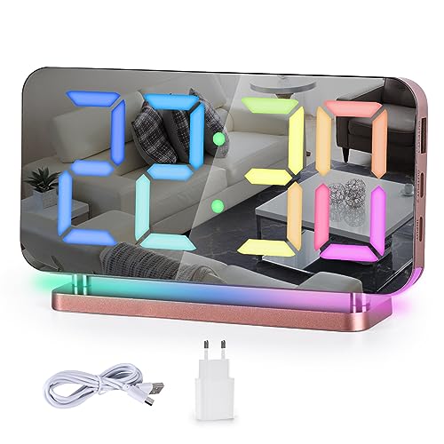 SZELAM Digitaluhr,Wecker,Nachttischwecker,7,4”-LED-Spiegeluhr mit 10 Modi RGB-Nachtlicht,11-Farben--Digitalanzeige,automatische Dimmung,USB-C-Ladeanschluss,Schreibtischuhr mit 5 Lautstärkestufen von SZELAM