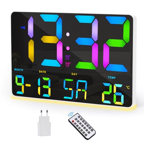 SZELAM Digitaluhr Großes Display,11,3" Digitaler RGB Wandwecker mit Funkfernbedienung,LED Übergroße Wanduhr mit Datumstemp,Dualalarm,Nachtlichtmodus,Snooze Wecker für Zuhause Schlafzimmer (Weiß) von SZELAM