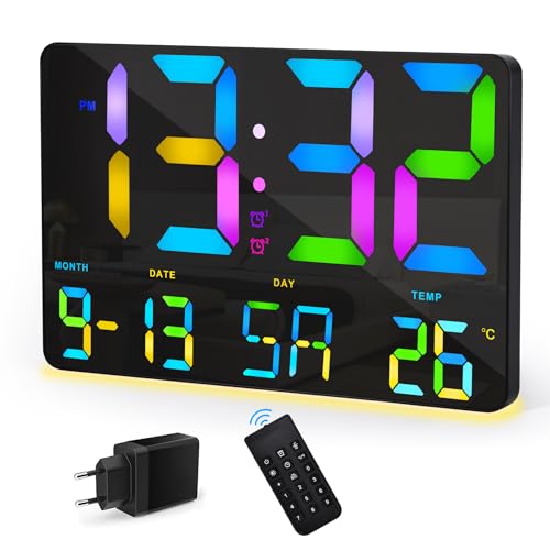 SZELAM Digitaluhr Großes Display,11,3" Digitaler RGB Wandwecker mit Funkfernbedienung,LED Übergroße Wanduhr mit Datumstemp,Dualalarm,Nachtlichtmodus,Snooze Wecker für Zuhause Schlafzimmer (Schwarz) von SZELAM