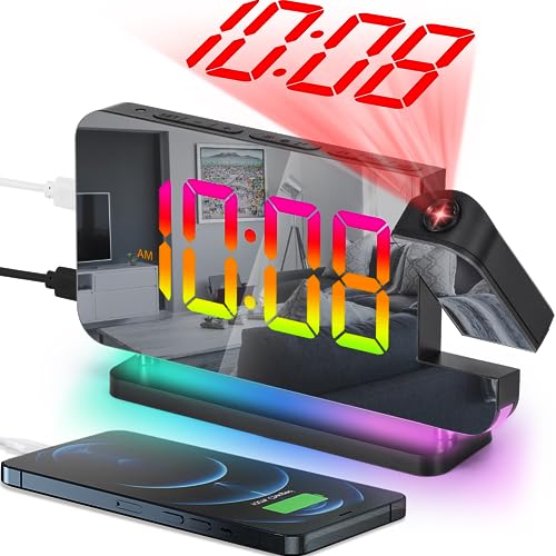 SZELAM Projektionswecker, 7.4 Zoll Digitale Spiegeluhren, mit 180° drehbarem Projektor, RGB-Nachtlicht, USB C Ladeanschluss, Auto Dimmer, LED Schreibtischuhr für Schlafzimmer – Schwarz von SZELAM