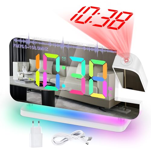 SZELAM Radiowecker mit Projektion,Wecker Digital,7.4" LED Radiowecker mit Schlaf-Timer,um 180°Drehbarem Projektor,10-Farben-Nachtlicht,11 RGB-Farben-Digitalanzeige,Tischuhr Digital für Kinder,Mädchen von SZELAM