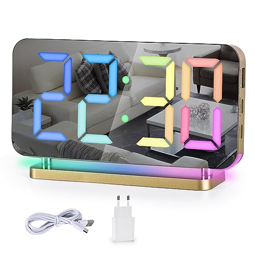 SZELAM Wecker Digital,Wecker Nachttisch,7,4" LED-Spiegeluhr mit 10 Modi RGB-Nachtlicht,11 Farben LED Digitalanzeige,Automatische Dimmung,USB-C-Ladeanschluss,Schreibtischuhr für Schlafzimmer,Teenager von SZELAM