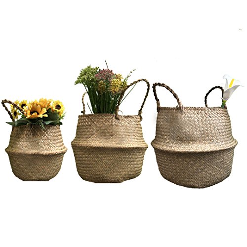 GOODCHANCEUK 3er Set Wäschekorb Faltbar Seegras Blumenkorb Handgewebt Blumen Stroh Korb für Pflanze Blumentopf mit Griffen von SZETOSY
