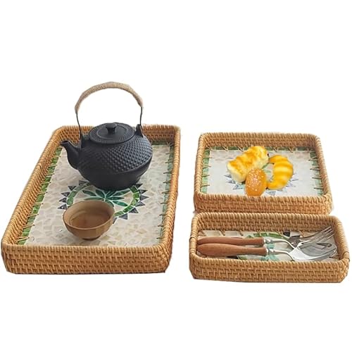 Rattan Serviertablett mit Perlmutt-Einsatz, SZETOSY 3 Stück Rechteckiges Boho Dekoratives Serviertablett Frühstückstablett Gewebtes Serviertablett für Brot, Obst, Lebensmittel, Kaffee, Aufbewahrung Rattan Serviertablett mit Perlmutt-Einsatz, SZETOSY 3 Stück Rechteckiges Boho Dekoratives Serviertablett Frühstückstablett Gewebtes Serviertablett für Brot, Obst, Lebensmittel, Kaffee, Aufbewahrung von SZETOSY