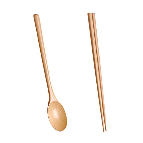 SZFRYEU 1 Sätze flaches Essstäbchen Koreanischer Löffel 2 Stück Stäbchen Löffel Löffel Set Essstäbchen mit Holzgriff Korean Löffelsuppe zum Essen Holzstring Set Küche (gelb, One Size) von SZFRYEU