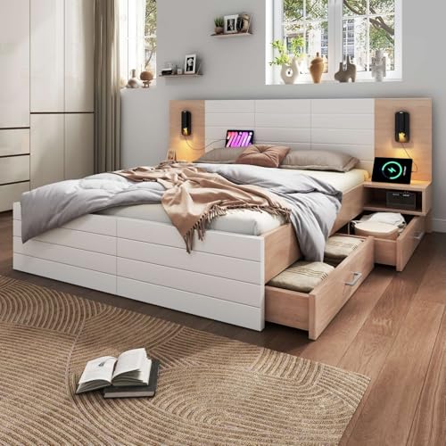 Doppelbett Holzbett Bettanlage180×200cm mit 2 Schubladen,Kopfteil Leselicht mit USB Ladefunktion,Modernes Bett inkl.2 Nachtkommode,Bettgestell &Lattenrost-255×80×207cm Set in Eiche/Weiß(Ohne Matratze) Doppelbett Holzbett Bettanlage180×200cm mit 2 Schubladen,Kopfteil Leselicht mit USB Ladefunktion,Modernes Bett inkl.2 Nachtkommode,Bettgestell &Lattenrost-255×80×207cm Set in Eiche/Weiß(Ohne Matratze) von SZGIARUY