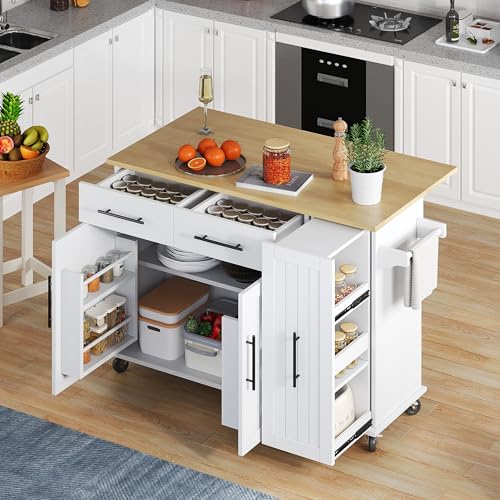 SZGIARUY Kücheninsel mit Drop Leaf, Storage Cart mit 3 Tier Pull Out Cabinet Organizer, Internal Storage Rack, Rolling Cart auf Rädern mit Handtuchhalter & 2 Schubladen für Esszimmer, Weiß von SZGIARUY