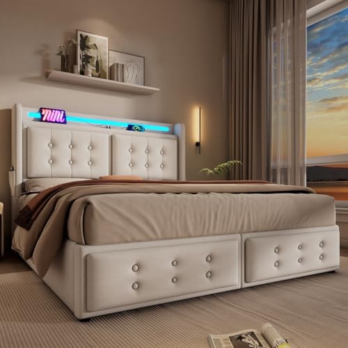 SZGIARUY Polsterbett 160x200, Doppelbett mit Led-Kopfteil und USB C Ladefunktion, Hydraulisches Bett mit Lattenrost aus Holz und Metallrahmen, Belastbarkeit 300 kg,Beige,Baumwolle(Ohne Matratze) von SZGIARUY