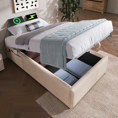 SZGIARUY Polsterbett Einzelbett 90×200 cm, Struraumbett Bettgestell mit USB- C und Vollflächiger Lattenrost, Ohne Kopfteil, Leinen, Natürlich SZGIARUY Polsterbett Einzelbett 90×200 cm, Struraumbett Bettgestell mit USB- C und Vollflächiger Lattenrost, Ohne Kopfteil, Leinen, Natürlich von SZGIARUY