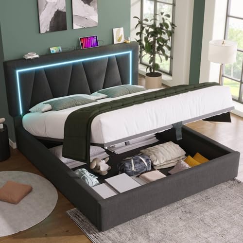 SZGIARUY Polsterbett LED Doppelbett mit USB Typ C Ladefunktion und LED-Beleuchtung,Stauraumbetten Bettgestell aus Leinenmaterial Jugendbett 140x200 mit lattenrost(Ohne Matratze) von SZGIARUY