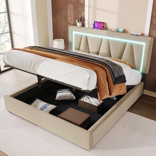 SZGIARUY Polsterbett LED Doppelbett mit USB Typ C Ladefunktion und LED-Beleuchtung,Stauraumbetten Bettgestell aus Leinenmaterial Jugendbett 160x200 mit lattenrost(Ohne Matratze) von SZGIARUY