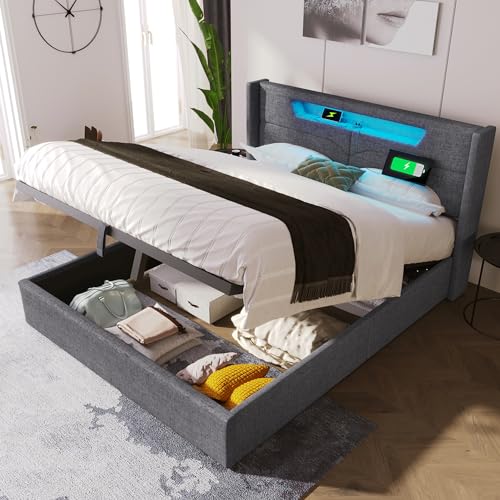 SZGIARUY Polsterbett LED Doppelbett mit USB Type C Ladefunktion und LED-Beleuchtung,Stauraumbetten Betgetell aus Leinenmaterial Jugendbett 140x200 mit lattenrost(Ohne Matratze) von SZGIARUY