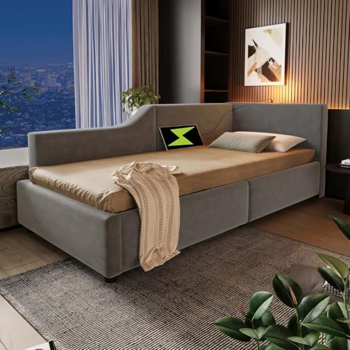 SZGIARUY Polsterbett Tagesbett Daybett 90x200cm, Schlafsofa mit hydraulischem Stauraum, Leselichtfunktion und USB-C-Ladefunktion, Kinderbett Jugendbett Bettgestell mit Lattenrost aus Holz, Samt, Grau SZGIARUY Polsterbett Tagesbett Daybett 90x200cm, Schlafsofa mit hydraulischem Stauraum, Leselichtfunktion und USB-C-Ladefunktion, Kinderbett Jugendbett Bettgestell mit Lattenrost aus Holz, Samt, Grau von SZGIARUY