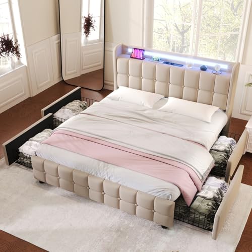 SZGIARUY Polsterbett mit Aufladen USB Ladefunktion Kopfteil und LED-Beleuchtung und 4 Schubladen,Doppelbett 160x200cm Stauraumbetten Bettgestell, Lattenrost aus Holz, Beige (Ohne Matratze) von SZGIARUY