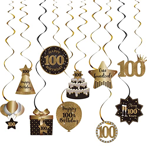 Happy 100th Birthday Party Hängende Wirbel Bachläufe Deckendekorationen, Feier 100 Folie hängende Wirbel mit Aussparungen für 100 Jahre alt Schwarz und Gold Geburtstag Party Dekorationen Supplies von SZHUIHER