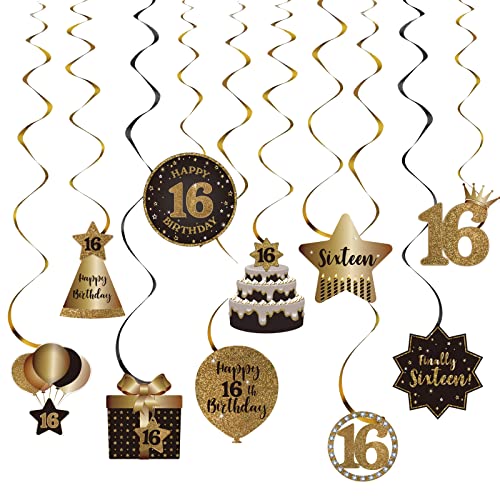 Happy 16th Birthday Hanging Swirls Streams Deckendekorationen, Celebration 16 Folien-Hängewirbel mit Ausschnitten für süße 16-jährige Geburtstagsfeier-Dekorationen in Schwarz und Gold von SZHUIHER