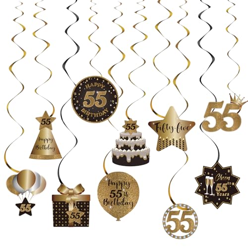 Happy 55th Birthday Party Hängende Wirbel Bachläufe Deckendekorationen Feier 55 Folie hängende Wirbel mit Aussparungen für 55 Jahre alt Schwarz und Gold Geburtstag Party Dekorationen Supplies von SZHUIHER