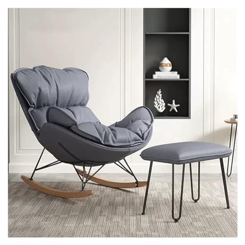 Freizeit-Sofa-Schaukelstuhl, Schaukelsessel für das Wohnzimmer mit hoher Rückenlehne und Ottomane, Schaukelstühle aus Stoff im Mid-Century-Stil mit Beinen aus Massivholz (Farbe: Grau-2) von SZITW