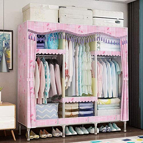 SZITW Canvas-Garderobe Tragbarer Kleiderschrank Kleideraufbewahrungs-Organizer Mit 3 Kleiderstangen, 5 Regalen Für Schlafzimmer, Wohnzimmer, C von SZITW