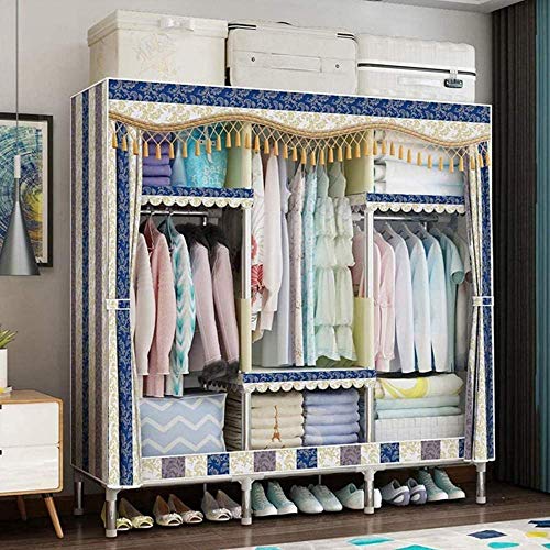 SZITW Canvas-Garderobe Tragbarer Kleiderschrank Kleideraufbewahrungs-Organizer Mit 3 Kleiderstangen, 5 Regalen Für Schlafzimmer, Wohnzimmer, E von SZITW