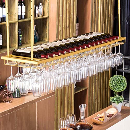 SZITW Weinregal – Hängender Weinglashalter, 2 Regalschichten, Verstellbarer Deckenflaschenhalter aus Metall, einfaches Deckendekorationsregal für Bars, Familien, Restaurants (Farbe: Gold, Größe: 8 von SZITW